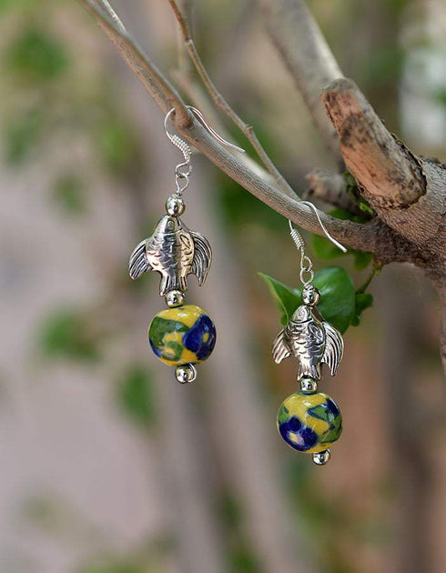 Metal Fish & Blue Pottery Earring (Yellow)